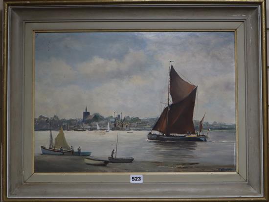 Alfred Vavasour Hammond (1900-1985) Wapping Group, oil on board, Sail barge on the Thames, signed, 36 x 51cm